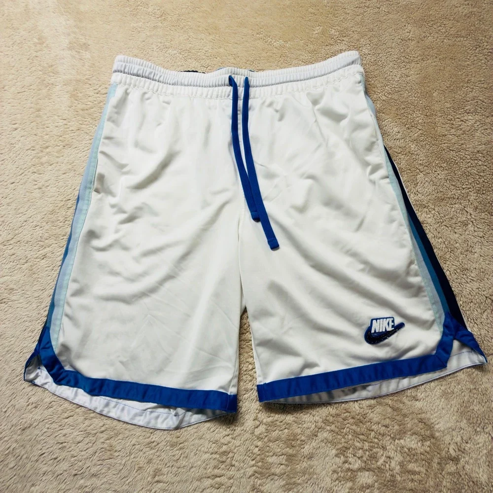 Nike Vintage Basketball Shorts Mens Large White Blue Striped Athletic Gym Mesh